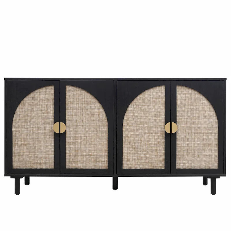 Armoire de rangement en rotin style bohème, pieds en pin naturel, étagères réglables, noir naturel