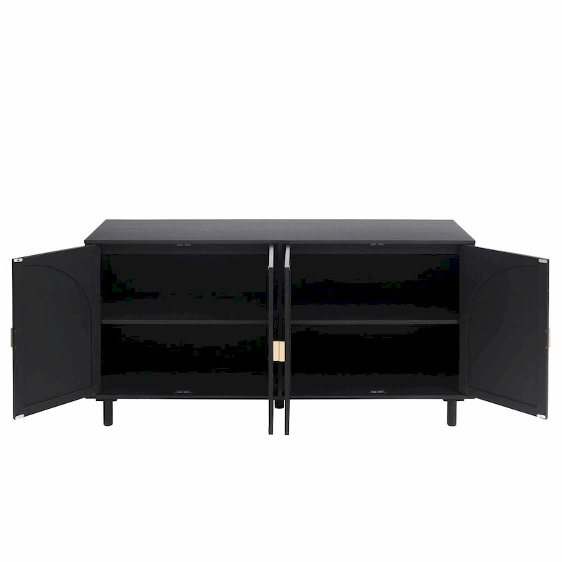Armoire de rangement en rotin style bohème, pieds en pin naturel, étagères réglables, noir naturel
