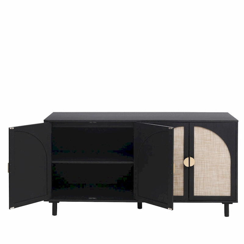 Armoire de rangement en rotin style bohème, pieds en pin naturel, étagères réglables, noir naturel