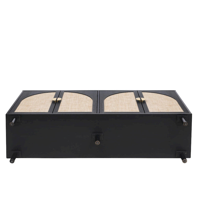 Armoire de rangement en rotin style bohème, pieds en pin naturel, étagères réglables, noir naturel