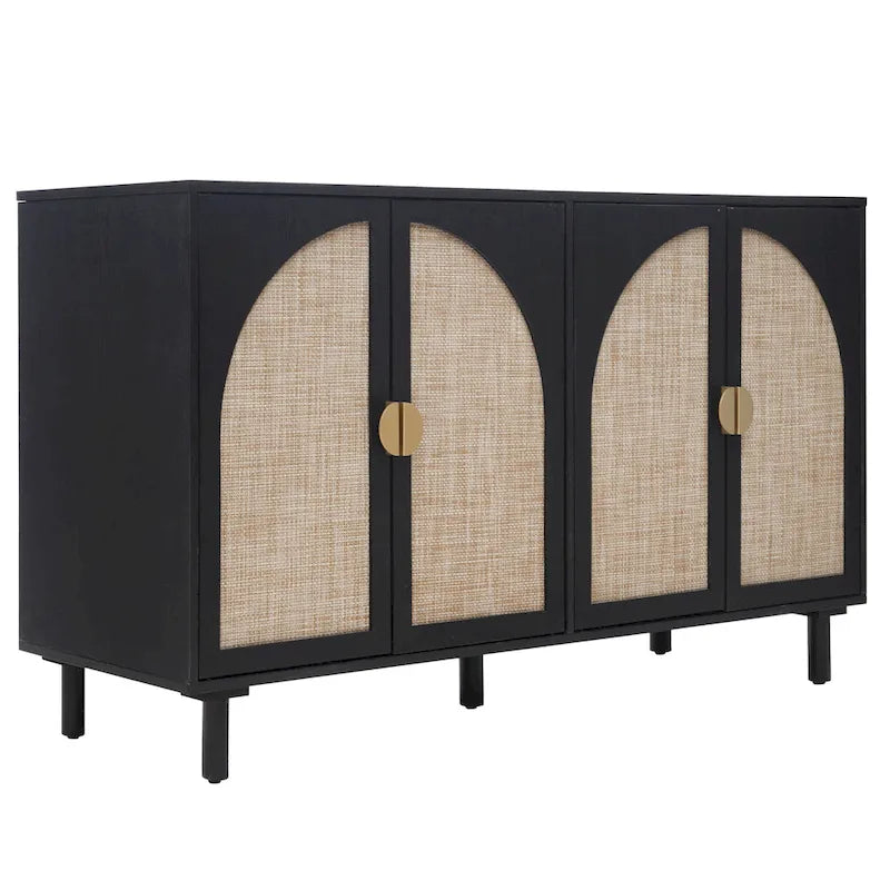 Armoire de rangement en rotin style bohème, pieds en pin naturel, étagères réglables, noir naturel