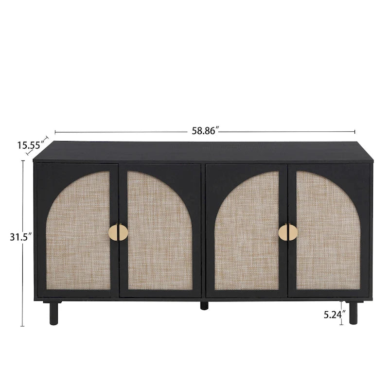 Armoire de rangement en rotin style bohème, pieds en pin naturel, étagères réglables, noir naturel