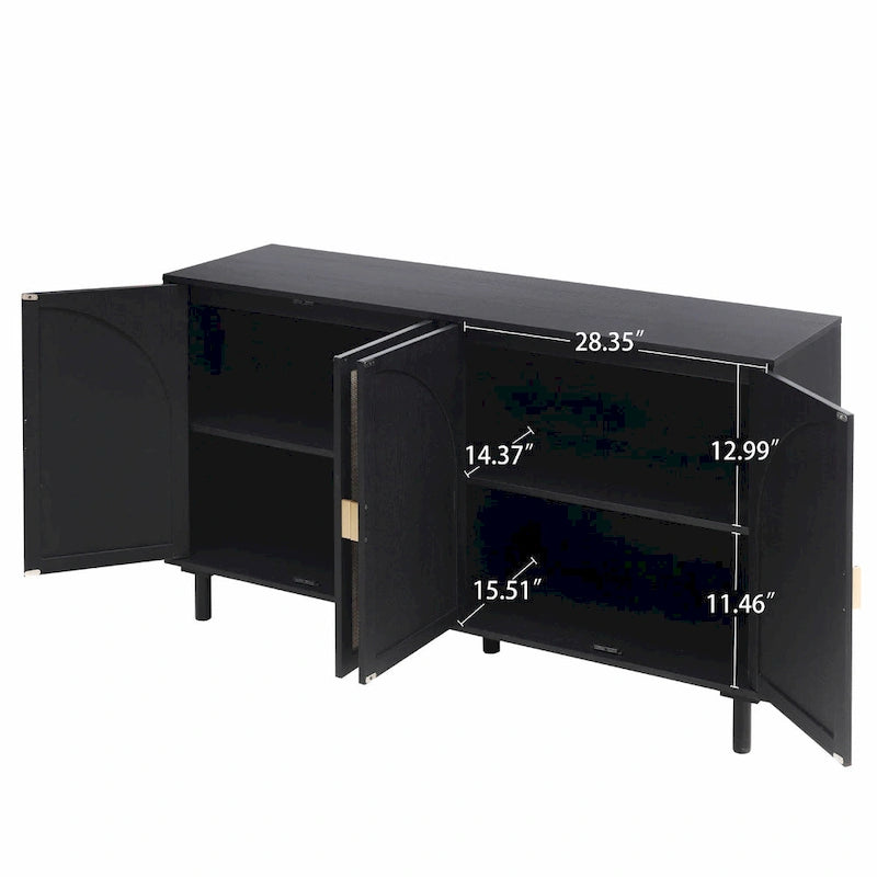 Armoire de rangement en rotin style bohème, pieds en pin naturel, étagères réglables, noir naturel