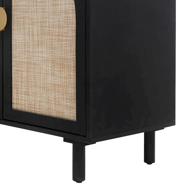 Armoire de rangement en rotin style bohème, pieds en pin naturel, étagères réglables, noir naturel