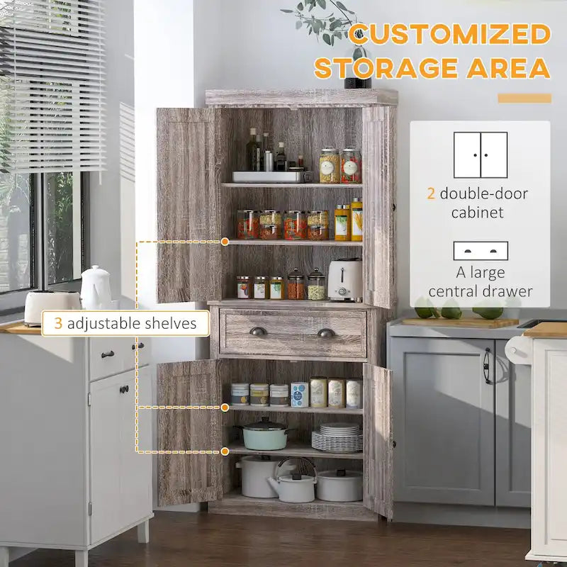 Meuble Colonne de Cuisine Autoportant avec Portes, Tiroir et Étagères Réglables