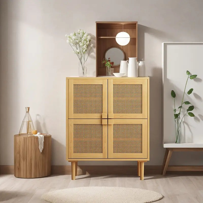 Meuble de rangement 4 portes en rotin tressé, buffet avec huit espaces de rangement