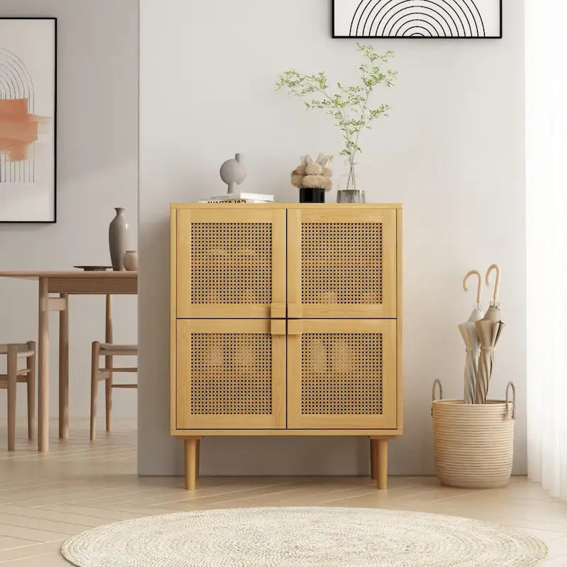 Meuble de rangement 4 portes en rotin tressé, buffet avec huit espaces de rangement
