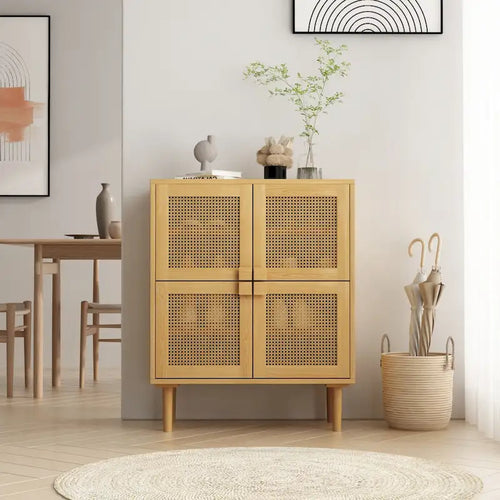 Meuble de rangement 4 portes en rotin tressé, buffet avec huit espaces de rangement