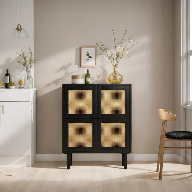 Meuble de rangement 4 portes en rotin tressé, buffet avec huit espaces de rangement