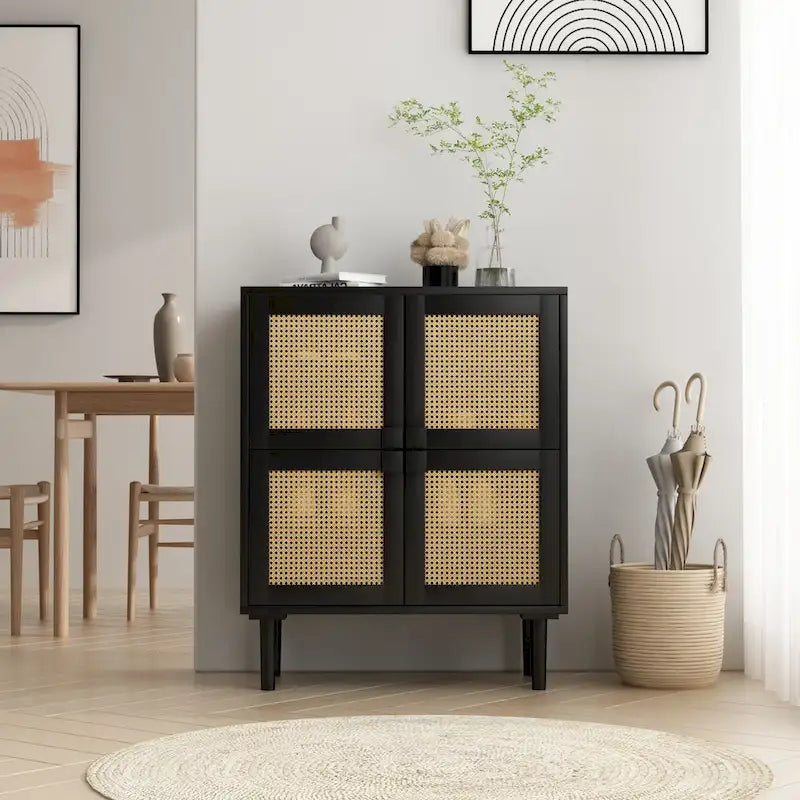 Meuble de rangement 4 portes en rotin tressé, buffet avec huit espaces de rangement