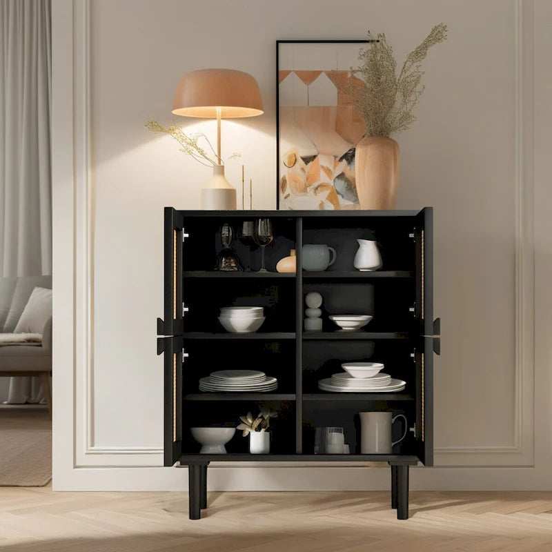 Meuble de rangement 4 portes en rotin tressé, buffet avec huit espaces de rangement