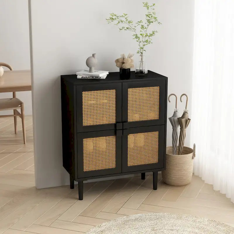 Meuble de rangement 4 portes en rotin tressé, buffet avec huit espaces de rangement