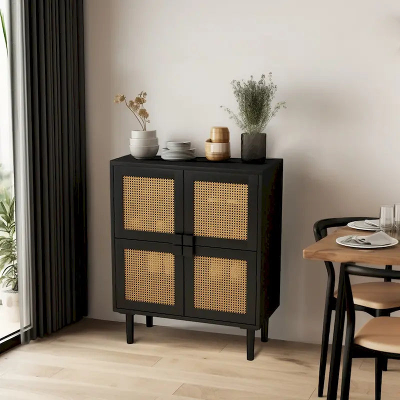 Meuble de rangement 4 portes en rotin tressé, buffet avec huit espaces de rangement
