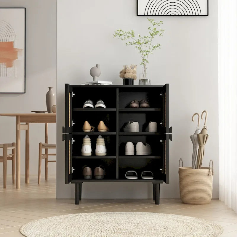 Meuble de rangement 4 portes en rotin tressé, buffet avec huit espaces de rangement