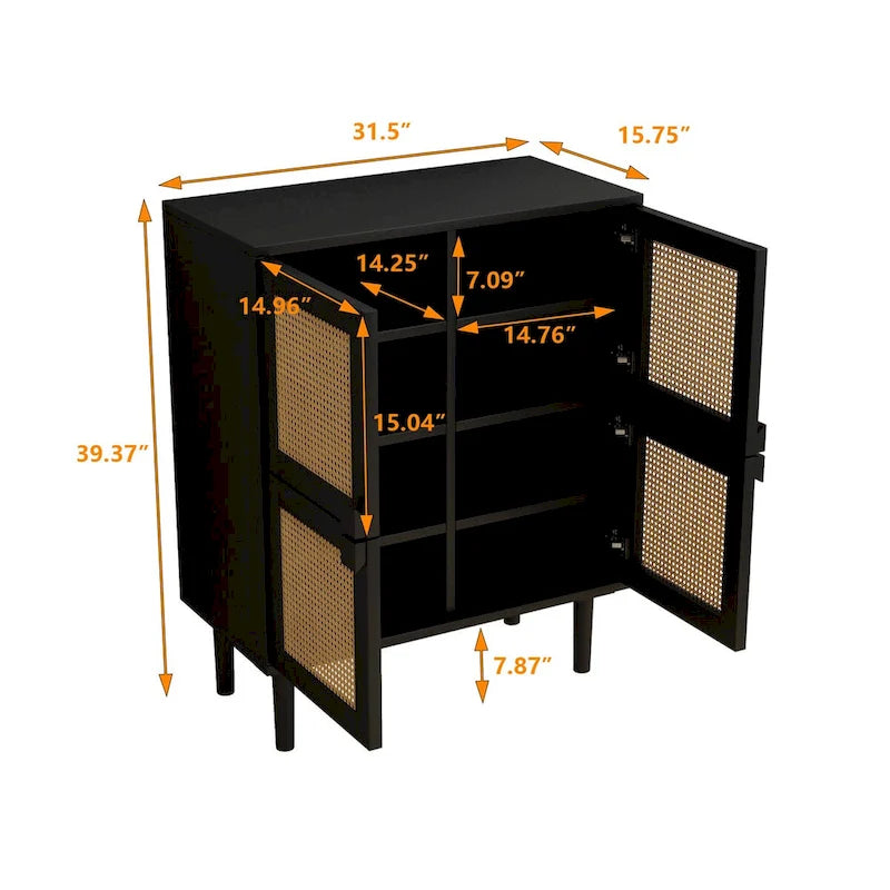 Meuble de rangement 4 portes en rotin tressé, buffet avec huit espaces de rangement