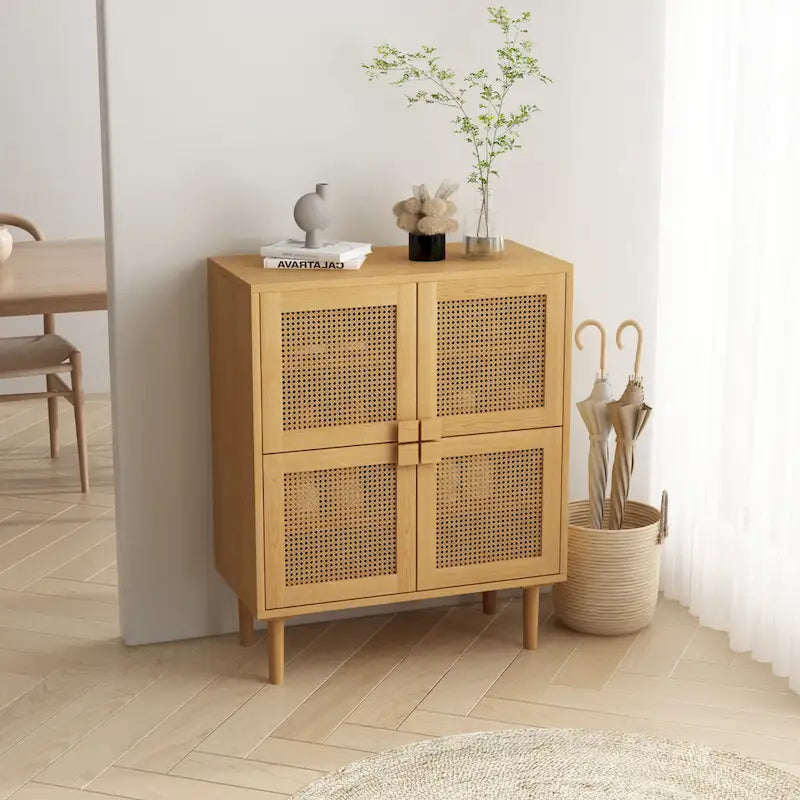 Meuble de rangement 4 portes en rotin tressé, buffet avec huit espaces de rangement