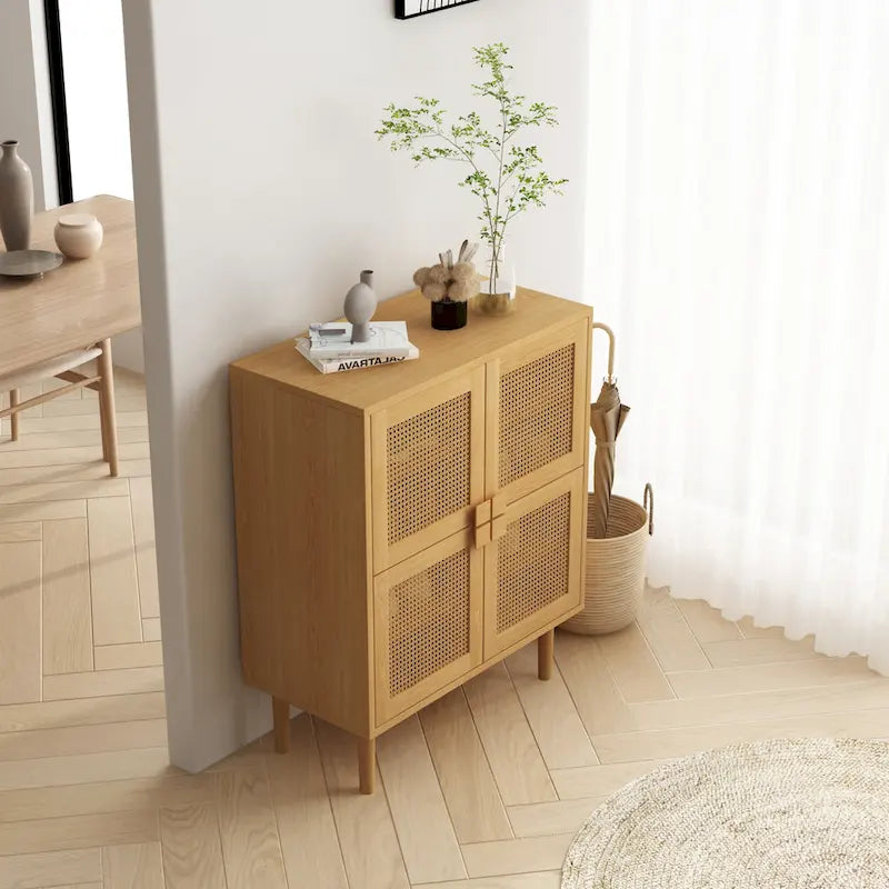 Meuble de rangement 4 portes en rotin tressé, buffet avec huit espaces de rangement