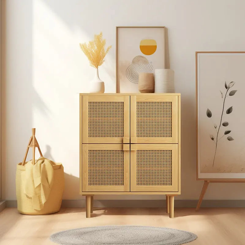 Meuble de rangement 4 portes en rotin tressé, buffet avec huit espaces de rangement