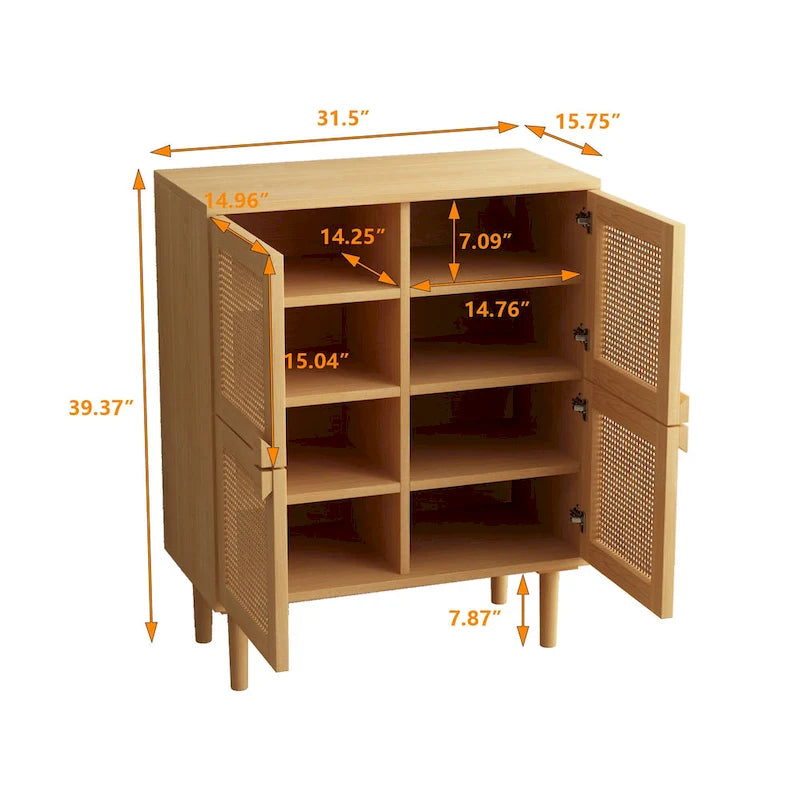 Meuble de rangement 4 portes en rotin tressé, buffet avec huit espaces de rangement