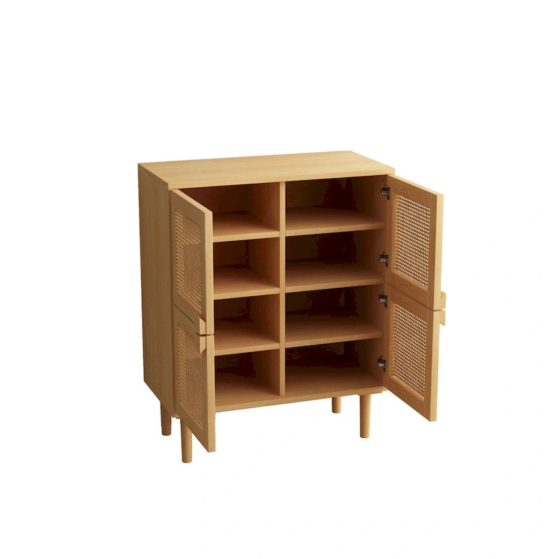 Meuble de rangement 4 portes en rotin tressé, buffet avec huit espaces de rangement