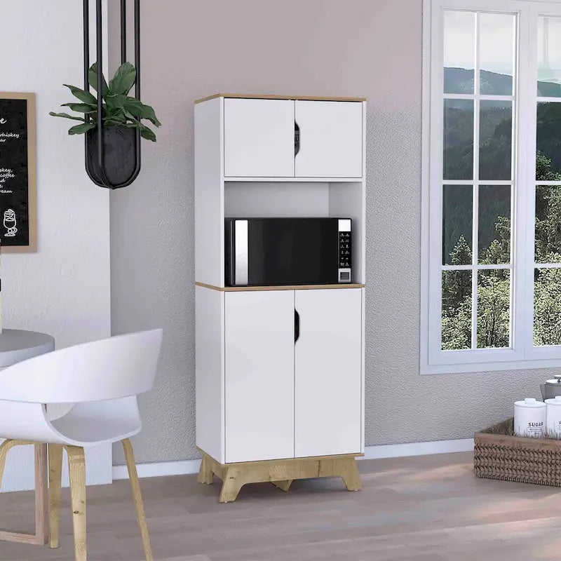 Meuble colonne de cuisine avec niche micro-ondes et double portes en blanc et chêne clair