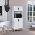 Meuble colonne de cuisine avec niche micro-ondes et double portes en blanc et chêne clair