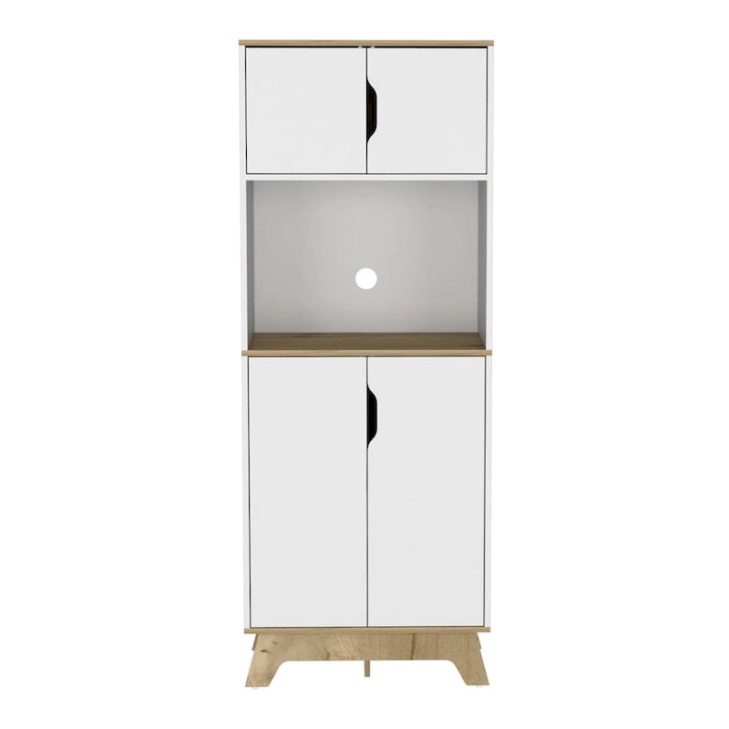 Meuble colonne de cuisine avec niche micro-ondes et double portes en blanc et chêne clair
