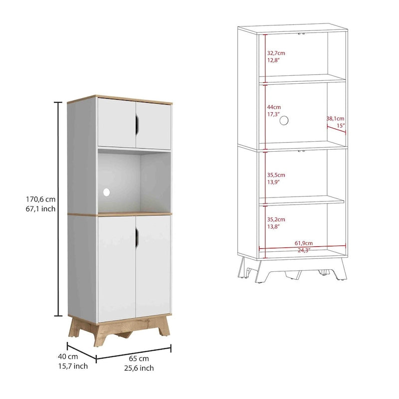 Meuble colonne de cuisine avec niche micro-ondes et double portes en blanc et chêne clair