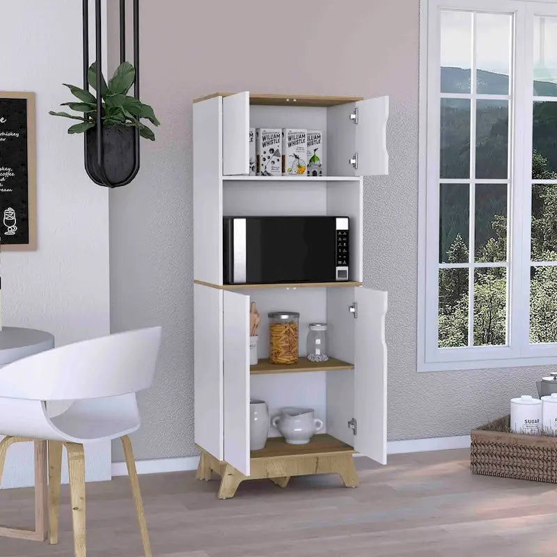 Meuble colonne de cuisine avec niche micro-ondes et double portes en blanc et chêne clair