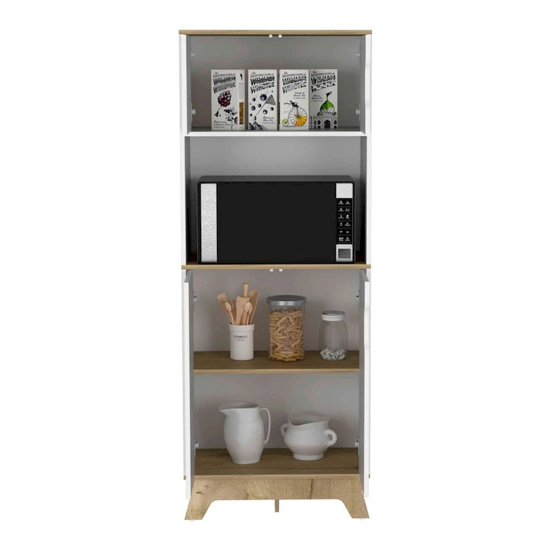Meuble colonne de cuisine avec niche micro-ondes et double portes en blanc et chêne clair