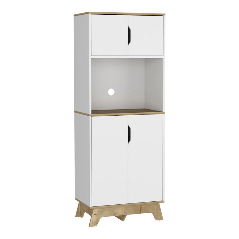 Meuble colonne de cuisine avec niche micro-ondes et double portes en blanc et chêne clair