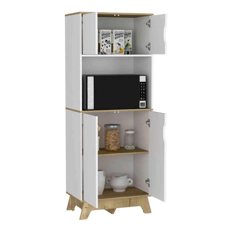 Meuble colonne de cuisine avec niche micro-ondes et double portes en blanc et chêne clair