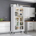 Meuble de rangement de cuisine à portes vitrées toute hauteur avec roulettes, blanc et noir