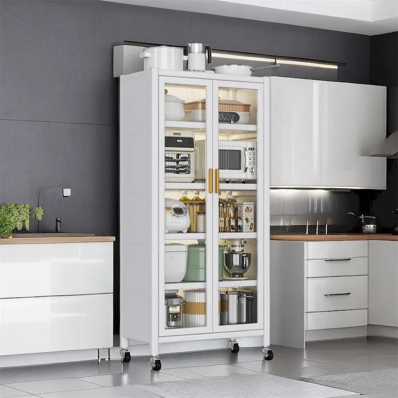 Meuble de rangement de cuisine à portes vitrées toute hauteur avec roulettes, blanc et noir