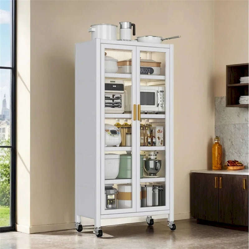 Meuble de rangement de cuisine à portes vitrées toute hauteur avec roulettes, blanc et noir