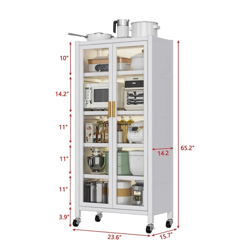 Meuble de rangement de cuisine à portes vitrées toute hauteur avec roulettes, blanc et noir