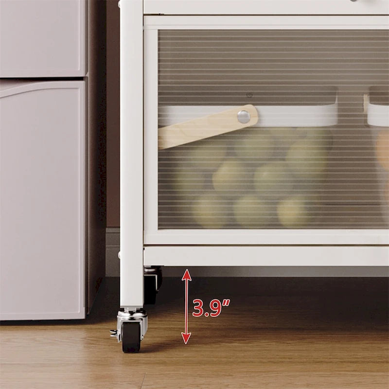 Meuble de rangement de cuisine à portes vitrées toute hauteur avec roulettes, blanc et noir