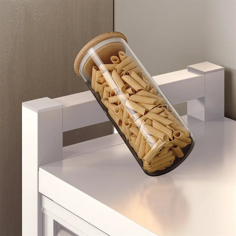 Meuble de rangement de cuisine à portes vitrées toute hauteur avec roulettes, blanc et noir
