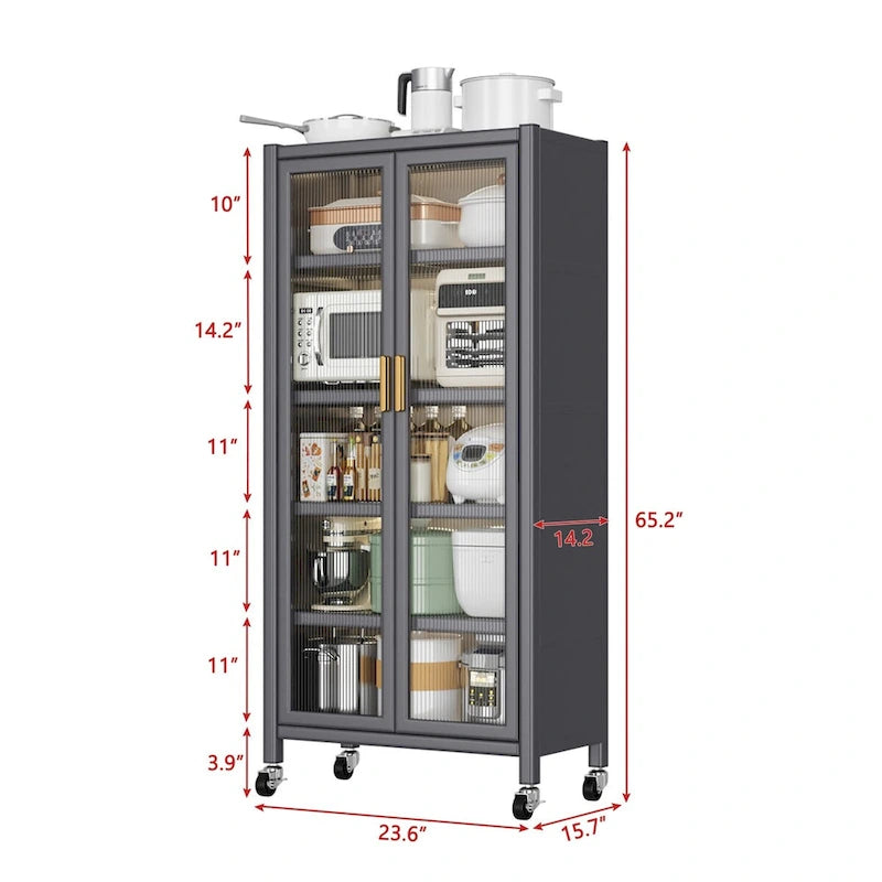 Meuble de rangement de cuisine à portes vitrées toute hauteur avec roulettes, blanc et noir