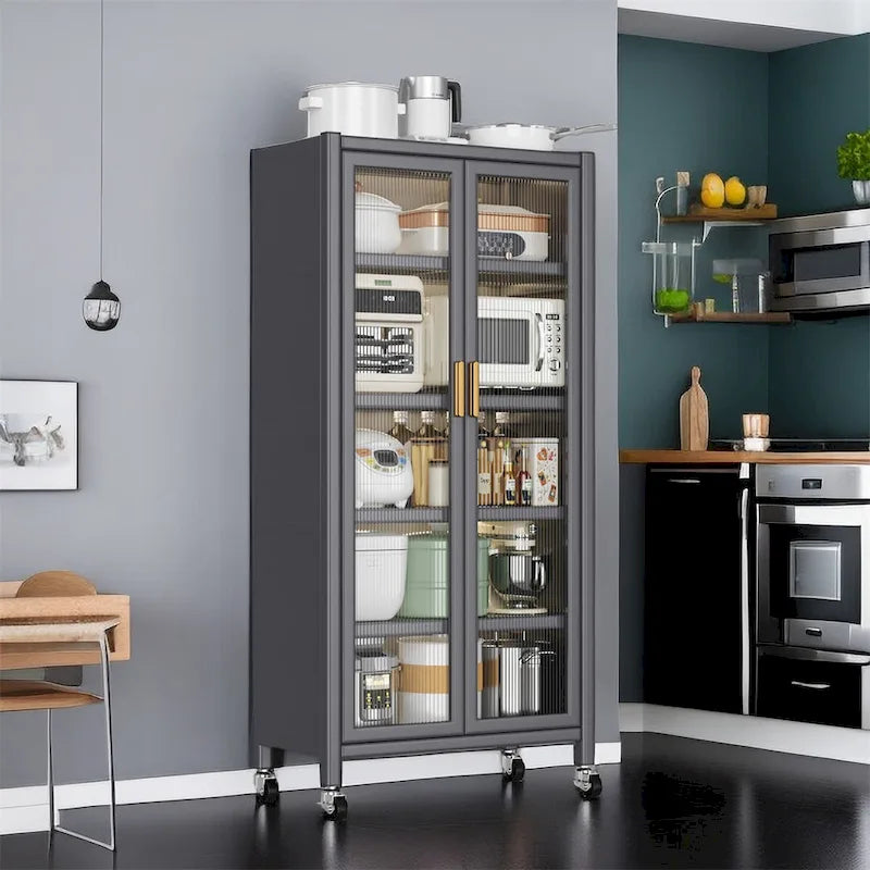Meuble de rangement de cuisine à portes vitrées toute hauteur avec roulettes, blanc et noir