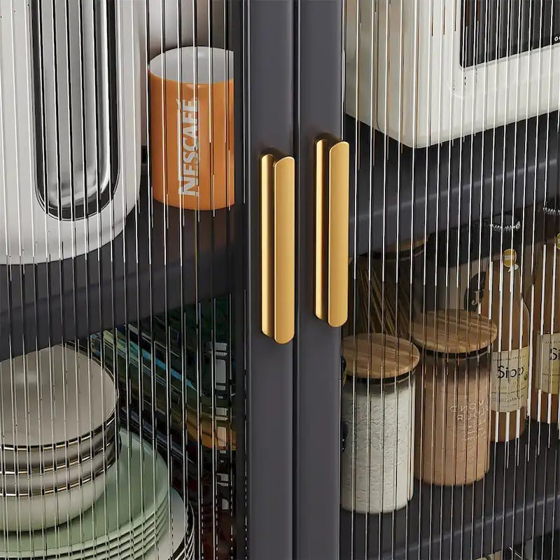 Meuble de rangement de cuisine à portes vitrées toute hauteur avec roulettes, blanc et noir