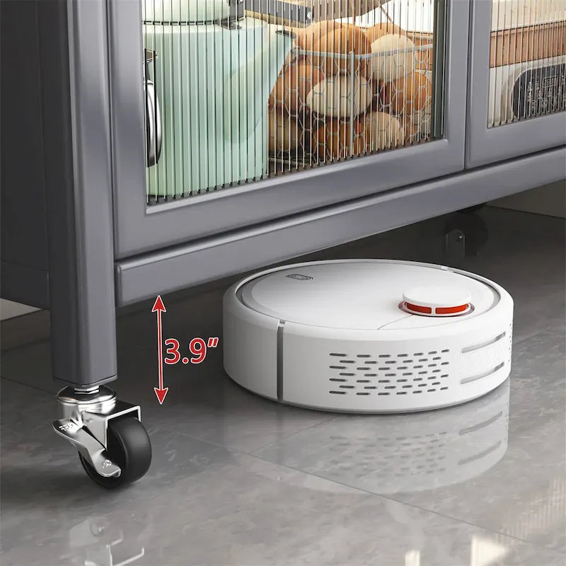 Meuble de rangement de cuisine à portes vitrées toute hauteur avec roulettes, blanc et noir