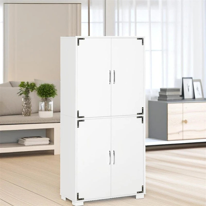 Armoire de rangement blanche 4 portes style ferme avec étagères réglables et quincaillerie en métal