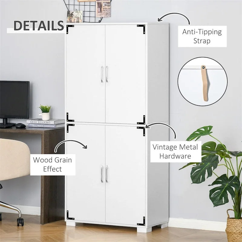Armoire de rangement blanche 4 portes style ferme avec étagères réglables et quincaillerie en métal