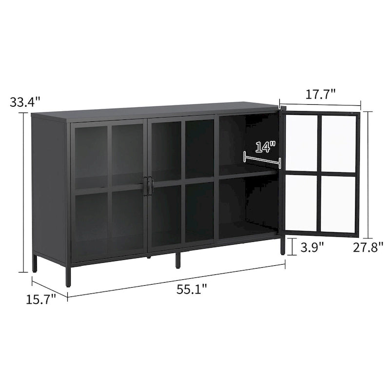 Buffet avec rangement, armoire de rangement en acier, pieds réglables, portes vitrées, grande capacité