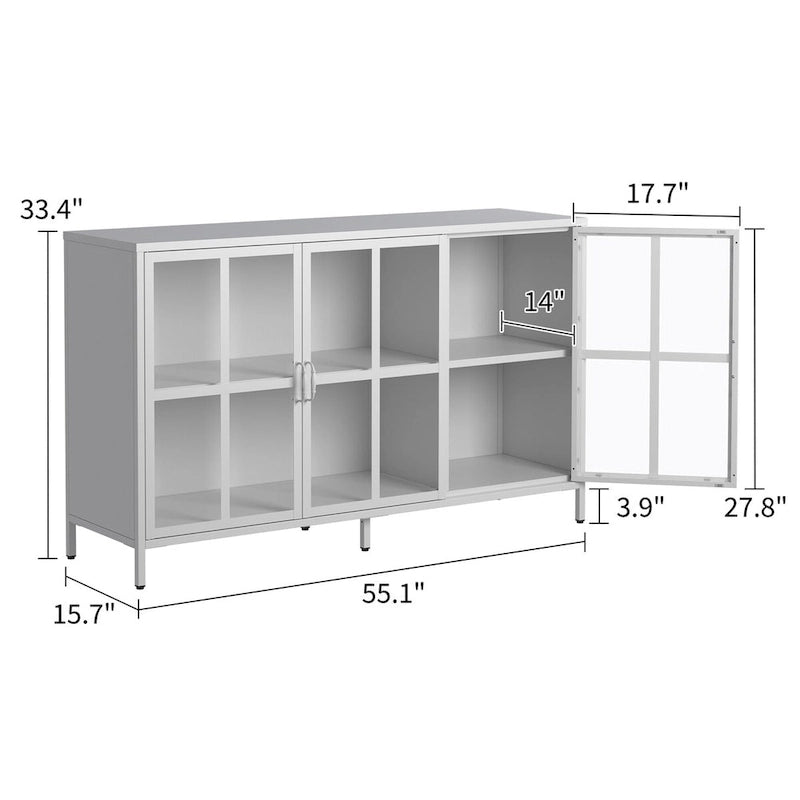 Buffet avec rangement, armoire de rangement en acier, pieds réglables, portes vitrées, grande capacité
