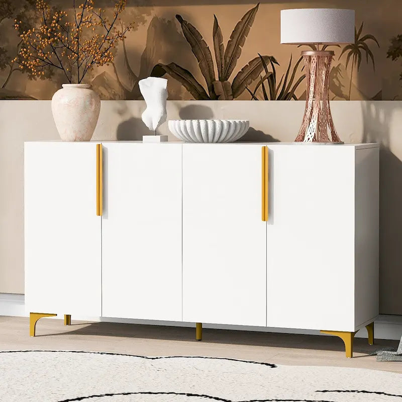 Buffet bas de rangement de 55 pouces avec étagères réglables, finition brillante