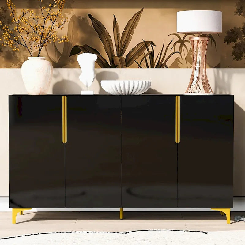 Buffet bas de rangement de 55 pouces avec étagères réglables, finition brillante