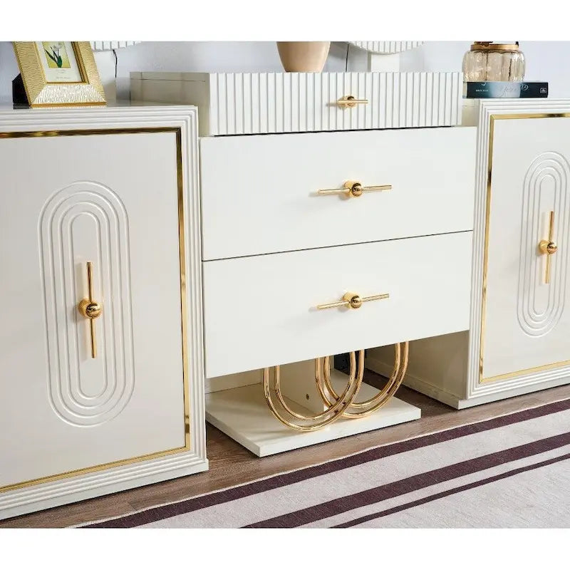 Buffet/bahut blanc ultra-brillant avec deux miroirs ovales à LED et quincaillerie dorée