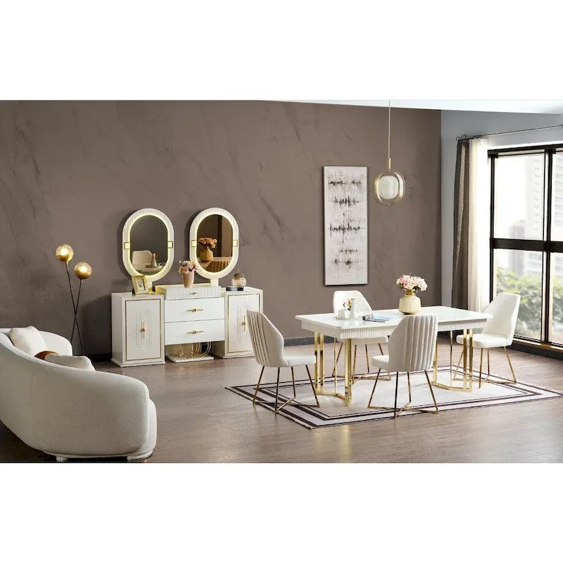Buffet/bahut blanc ultra-brillant avec deux miroirs ovales à LED et quincaillerie dorée